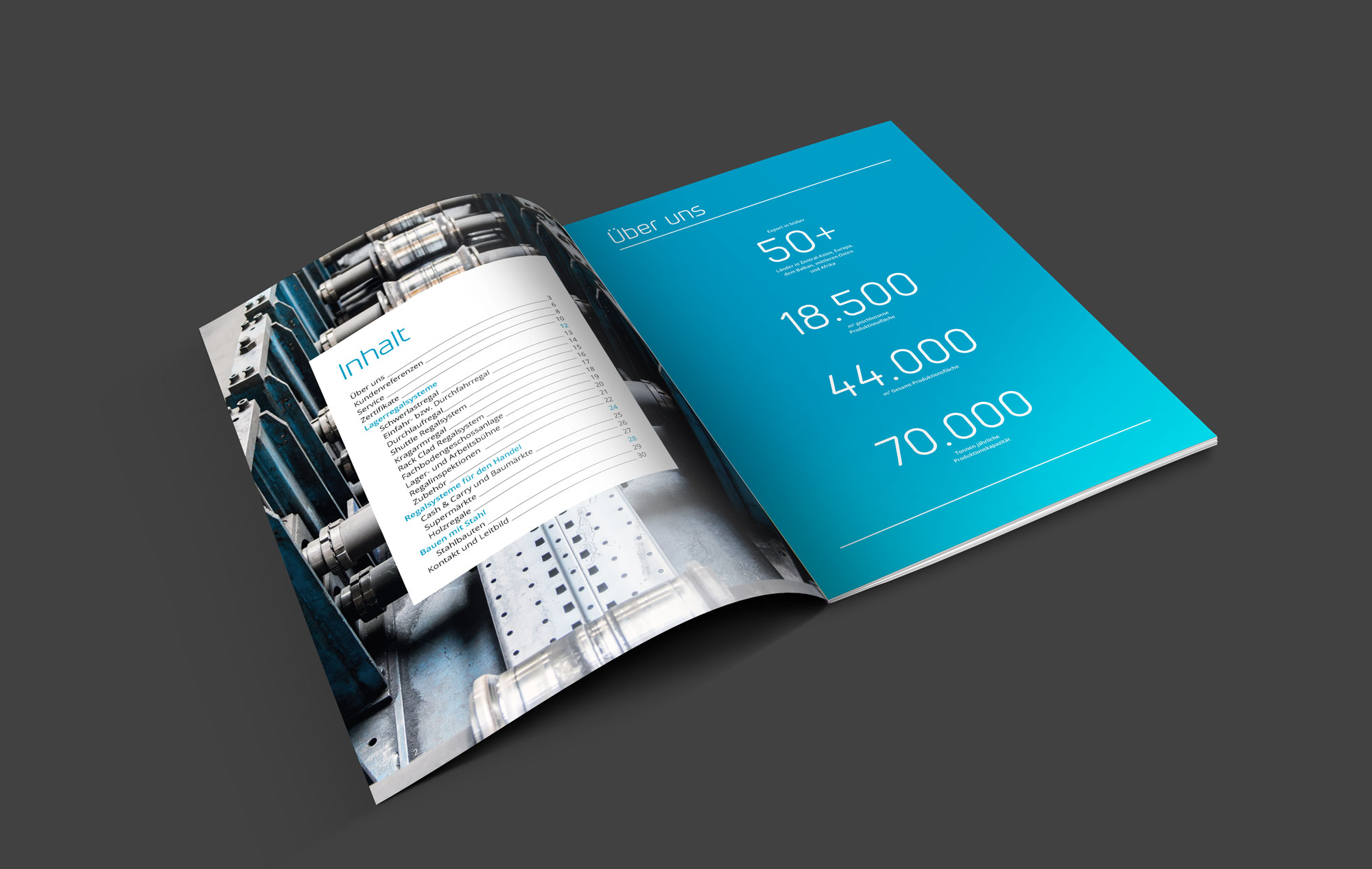 Unternehmens-Broschüre für Aysan Schwerlastregalsysteme. Design-Mockup