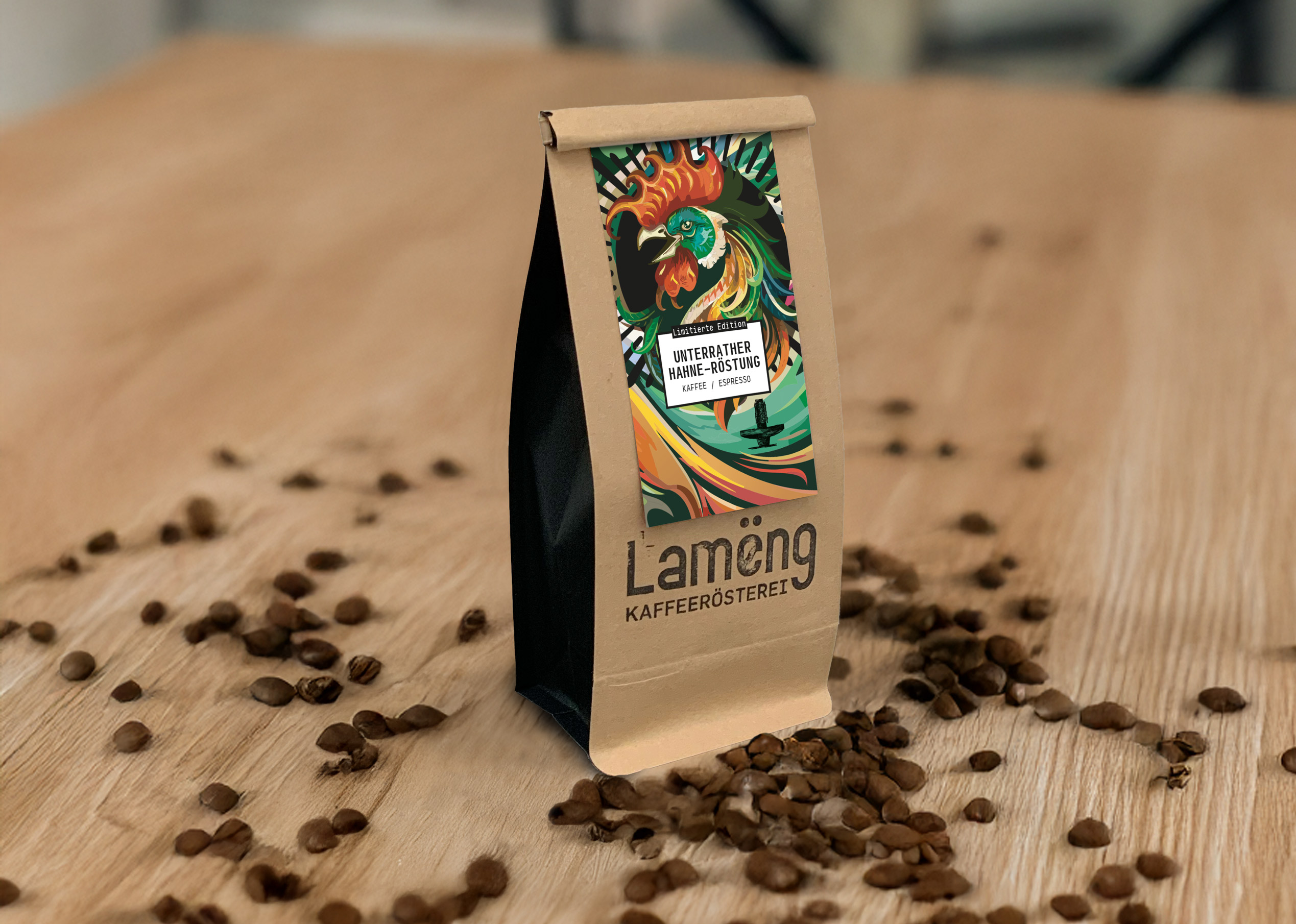 Etikett für den Hahne-Kaffee der Kaffeerösterei Lameng aus Düsseldorf Unterrath – inszeniert als Mockup, gestaltet von Studio Robin Frank