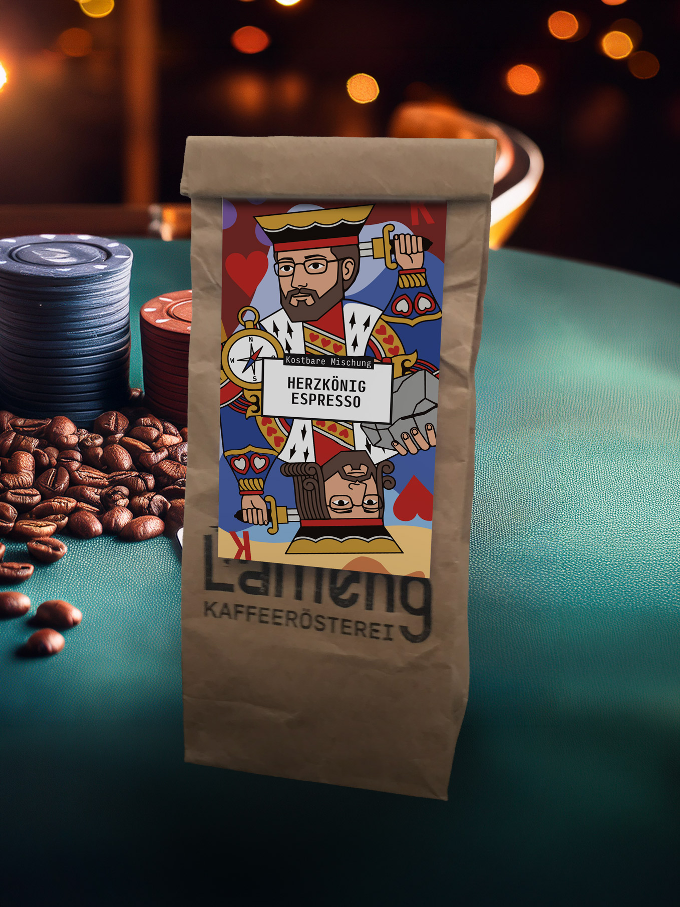 Etikett für den Herzkönig-Kaffee der Kaffeerösterei Lameng aus Düsseldorf Unterrath – inszeniert als Mockup auf einem Kartentisch, gestaltet von Studio Robin Frank
