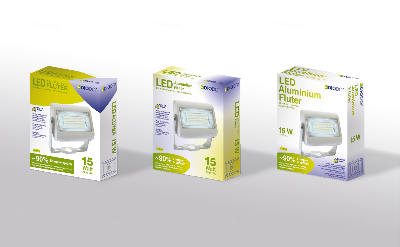 Packaging-Design für LED-Fluter von Diodor – 3 Alternativen