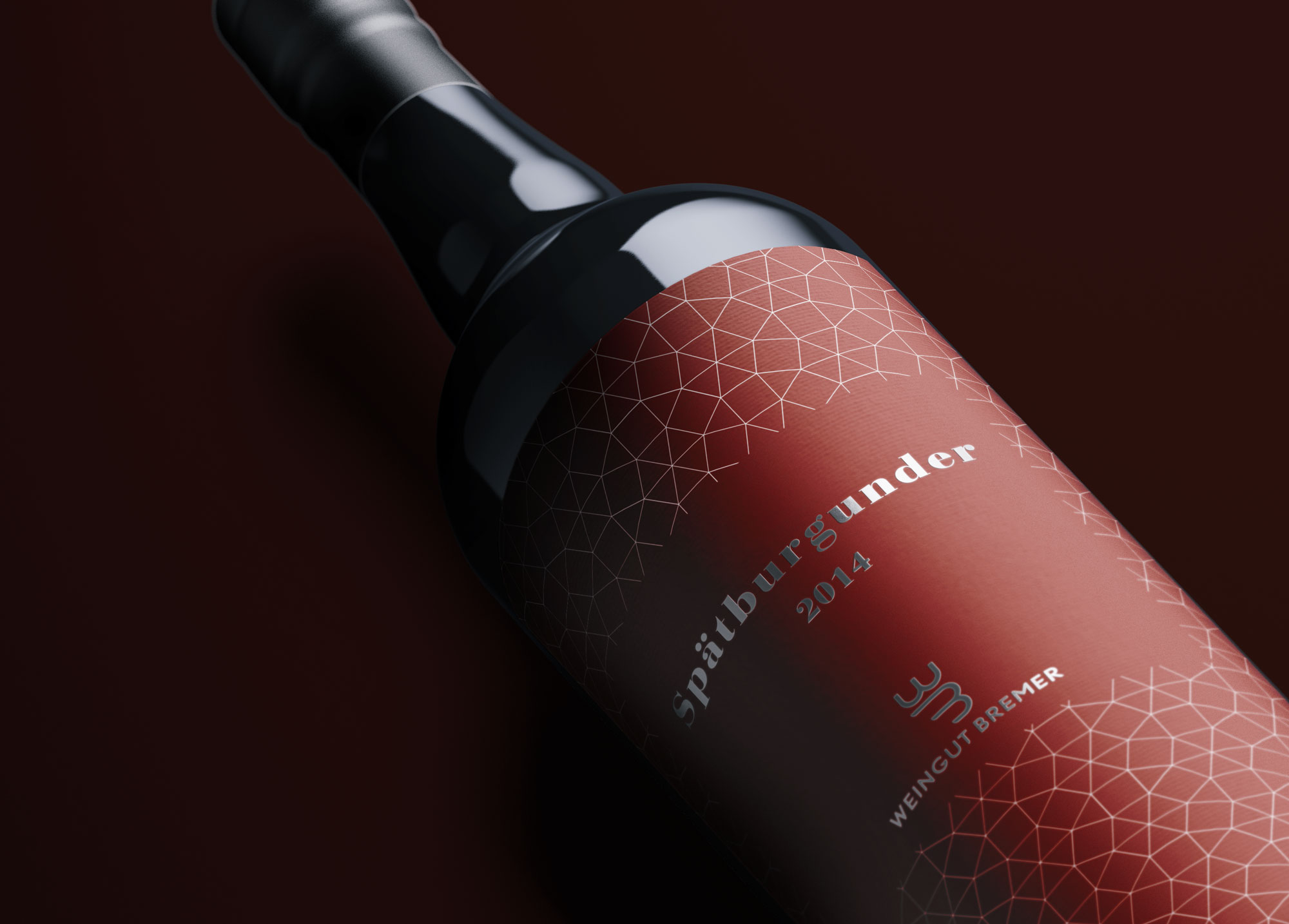 Darstellung einer Rotwein-Flasche mit neu gestalteten Etiketten für das Weingut Bremer